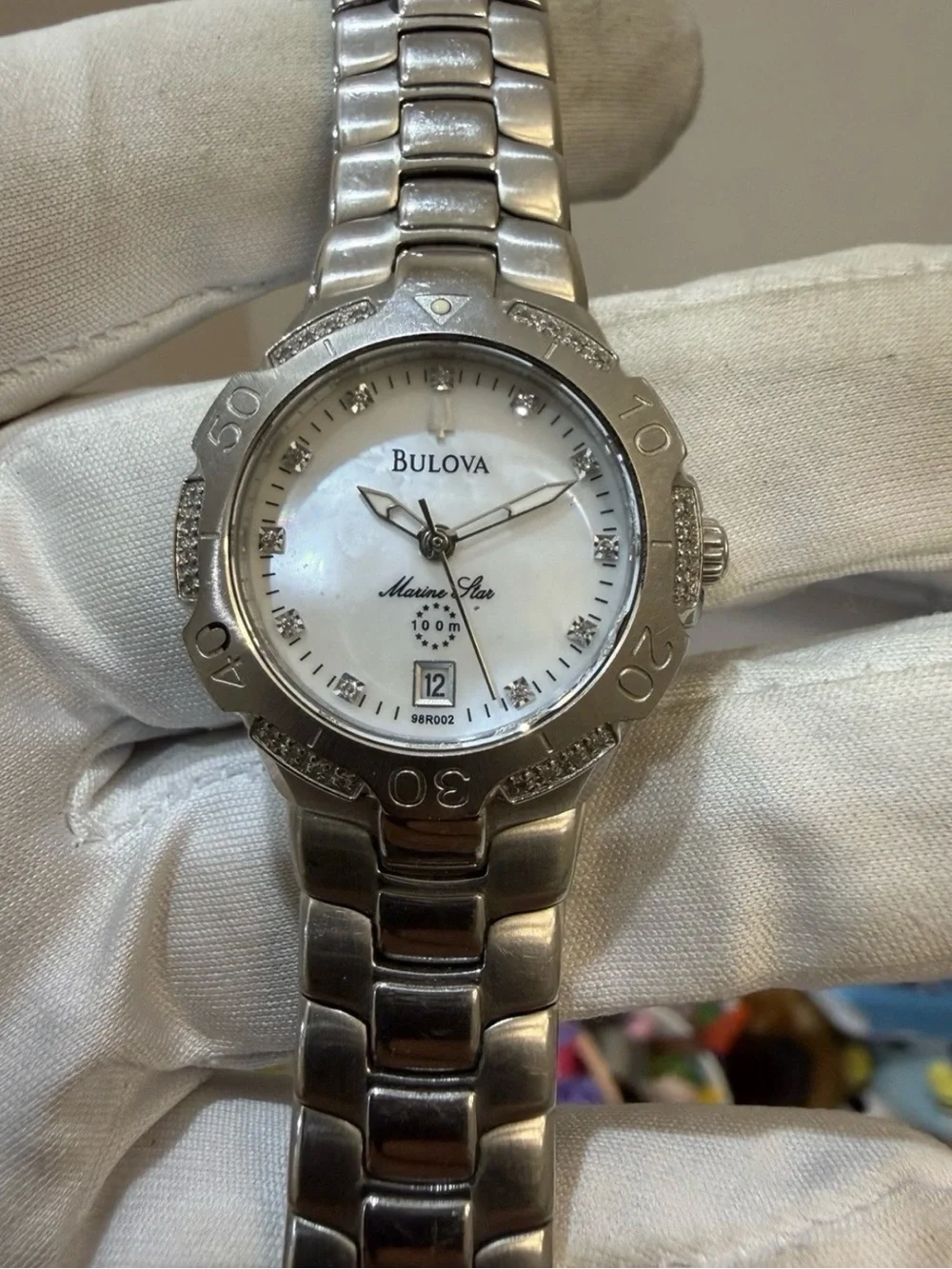 Bulova Marine Star 96R002 Womens Diamond Watch Mother of Pearl Stainless Steel